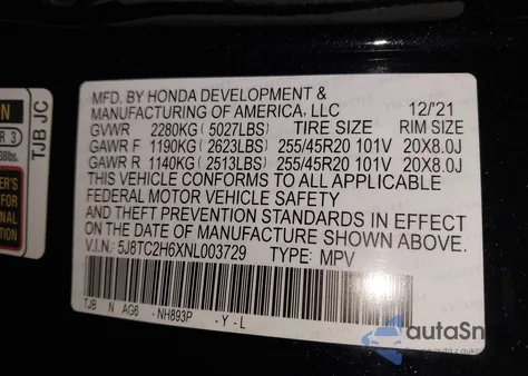 2022 Acura Rdx A-Spec Package из США, поврежденный, VIN 5J8TC2H6XNL003729